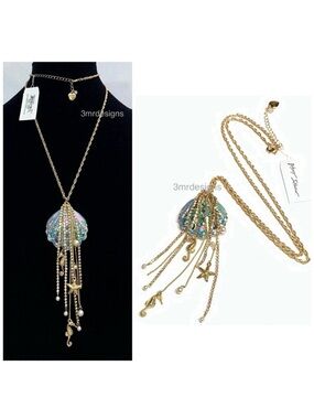 NWT Betsey Johnson💋SEASHELL Gold Tone Glass Crystals/Faux Pearls Long Necklace